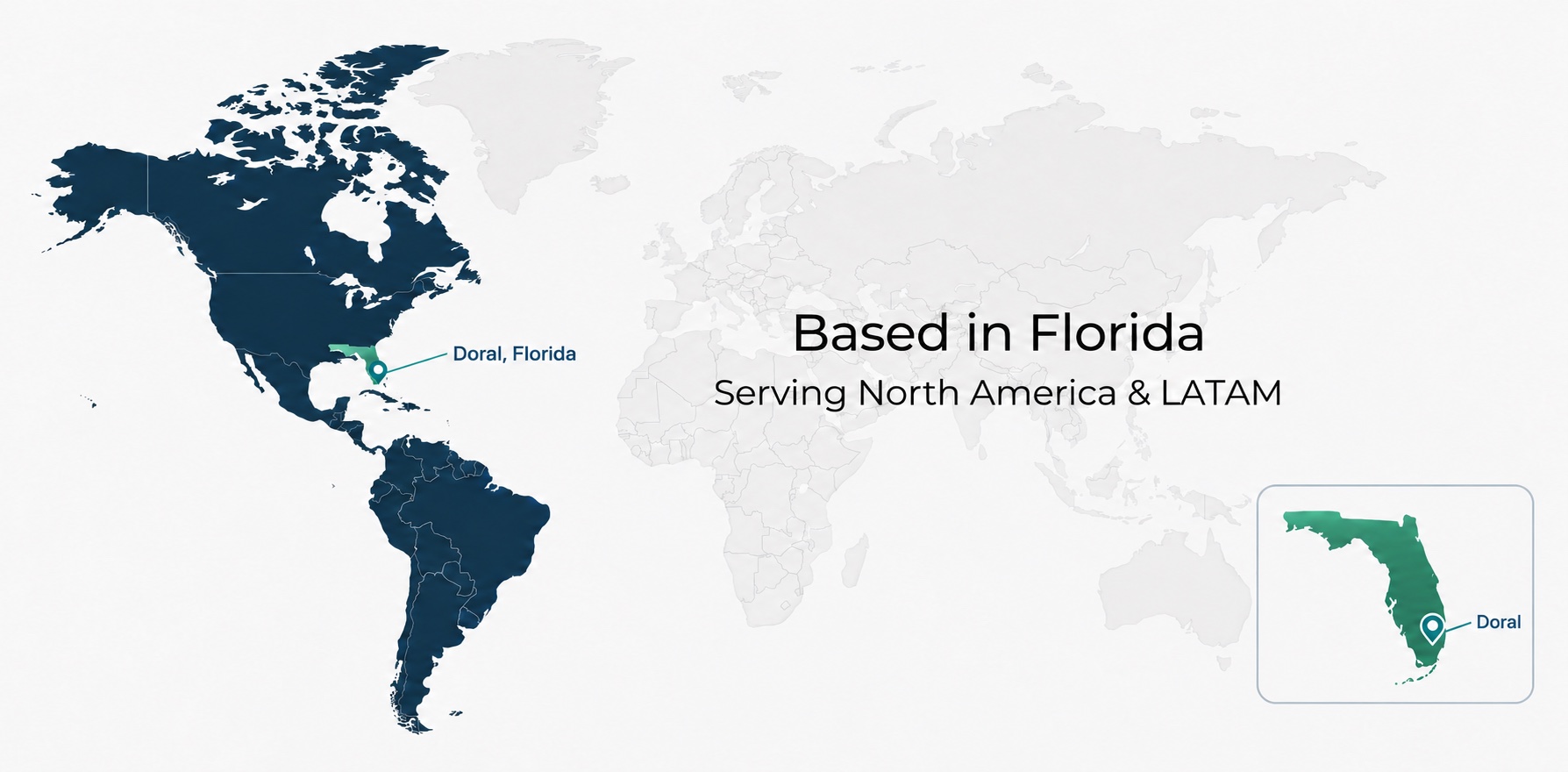 Map highlighting the Americas, with Doral, Florida marked